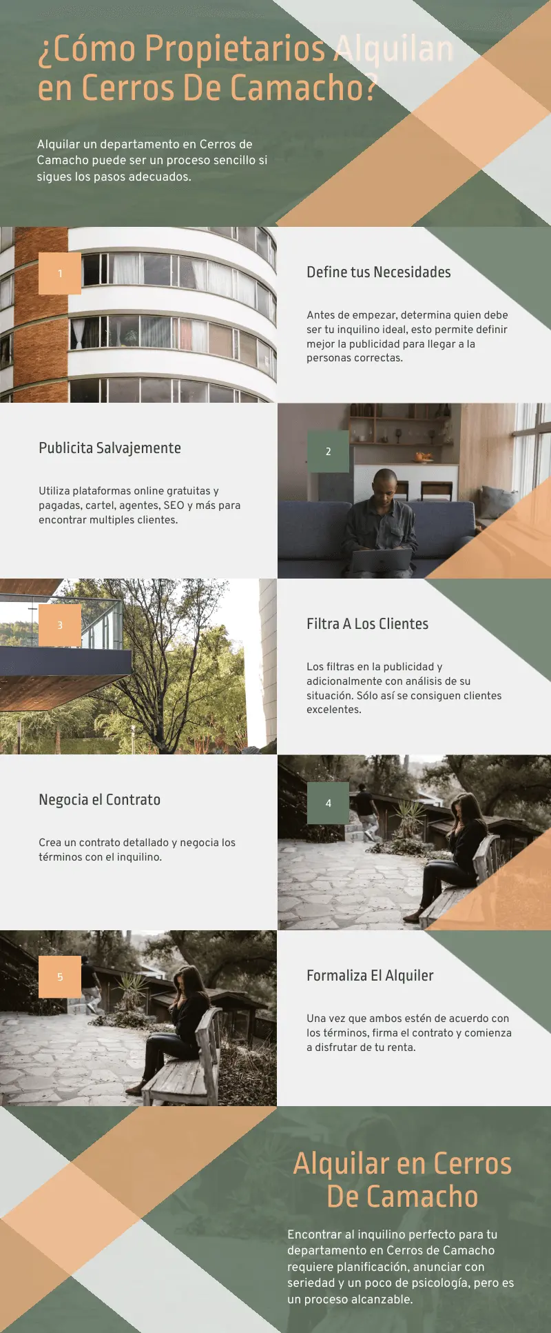 Infografía del proceso de alquiler de departamentos en Cerros de Camacho, Lima Surco